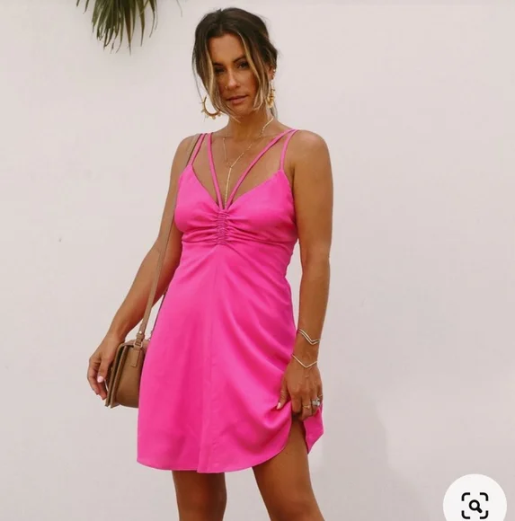 hot pink summer dress with sleeves Hot Pink Deep V-Neck Maxi Dress